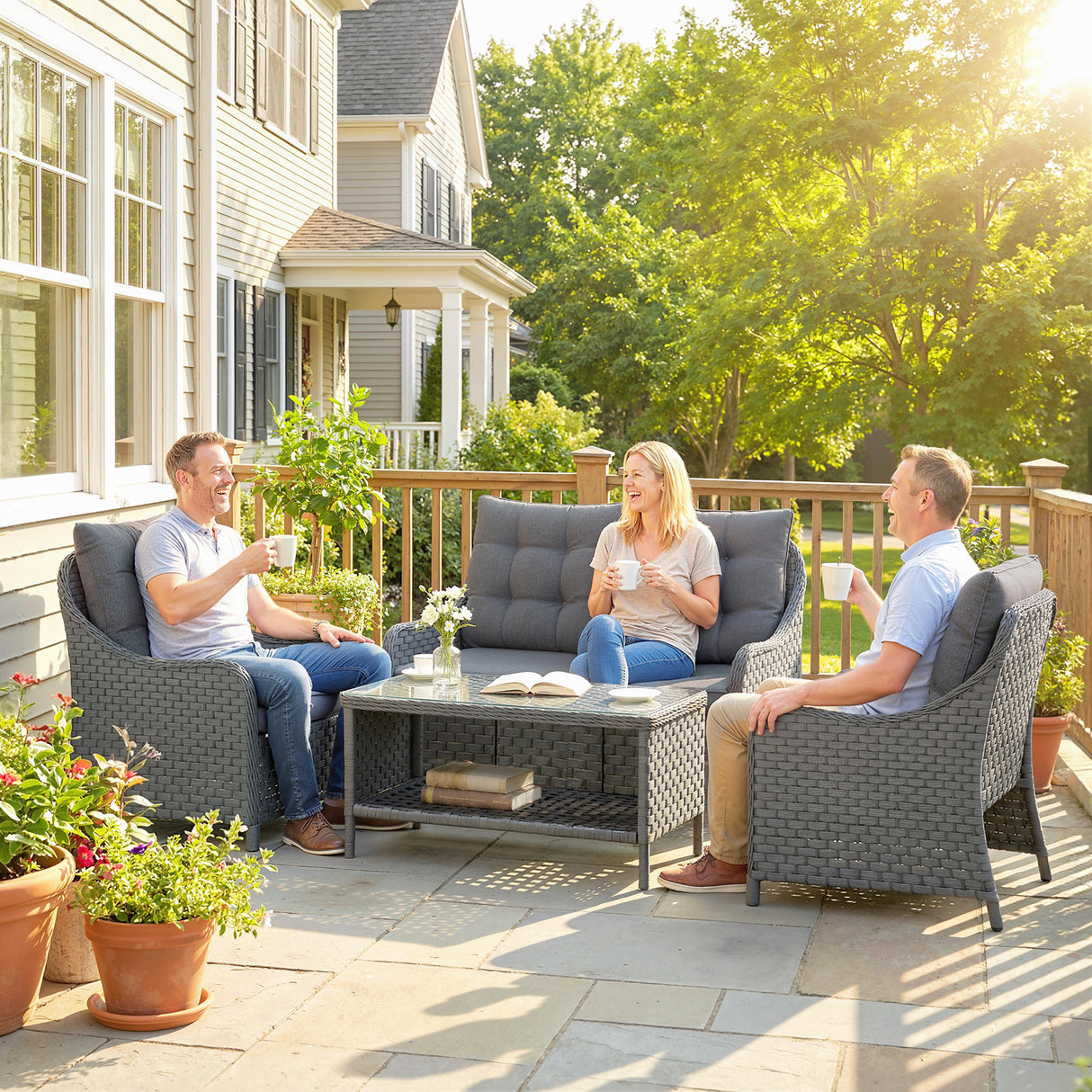 Poly Rattan Wicker 4 Pieces Garden Sofa Set With 2 Armchairs - Velmora