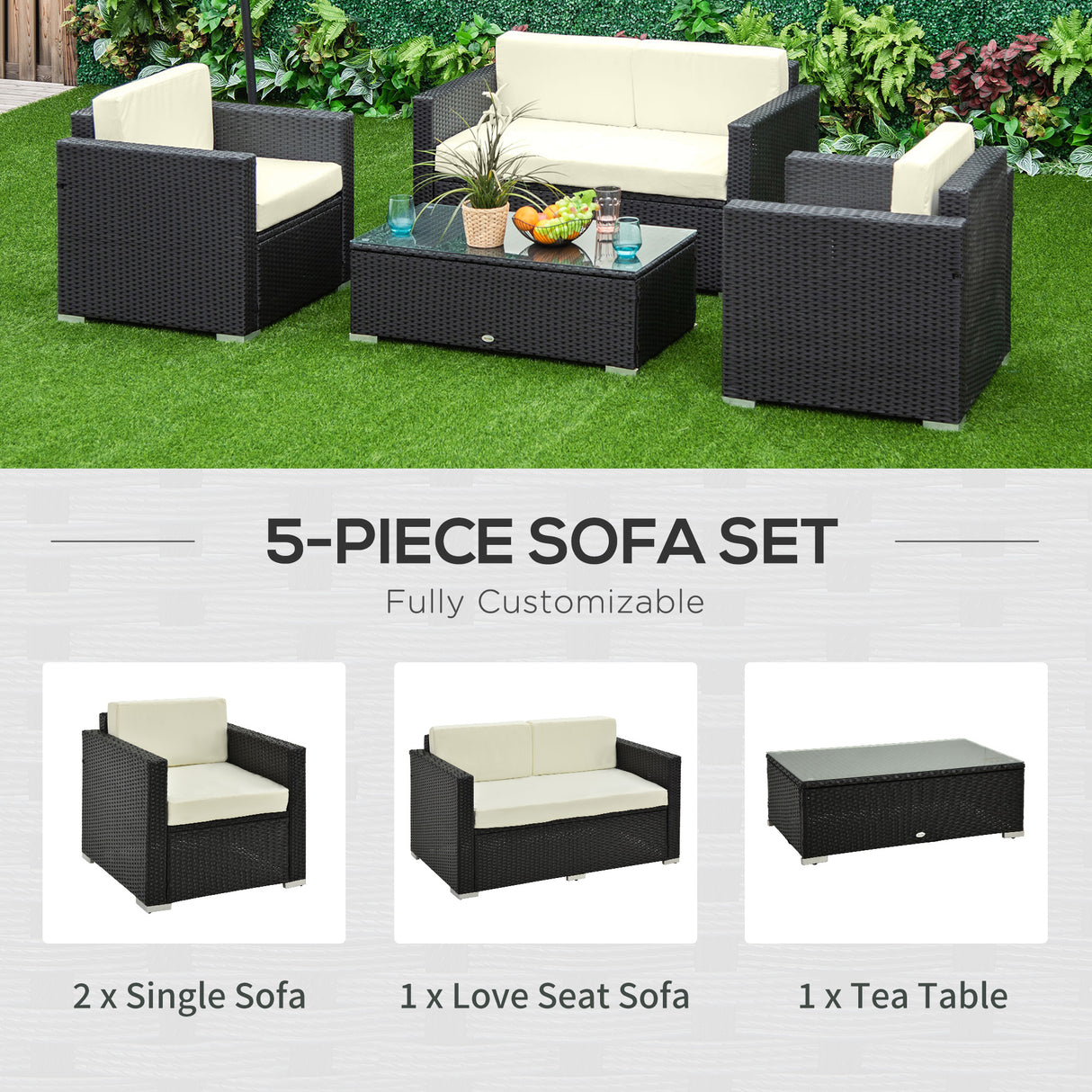 Poly Rattan Wicker 4 Pieces Garden Sofa Set With Glass Top Coffee Table - Velmora
