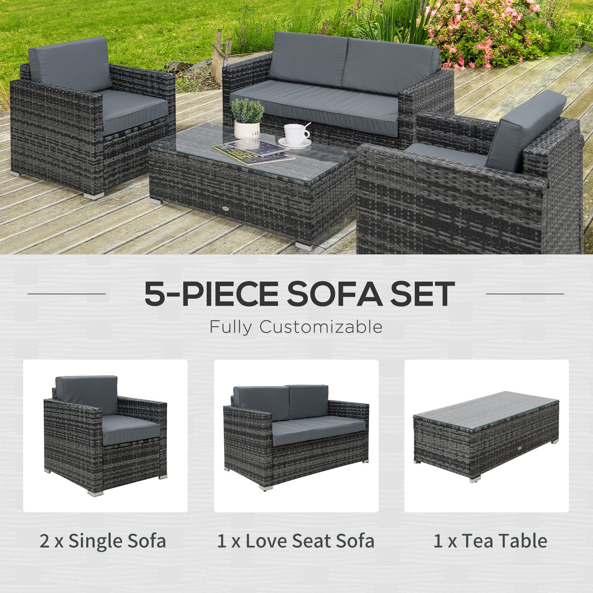 Poly Rattan Wicker 4 Pieces Garden Sofa Set With Glass Top Coffee Table - Velmora