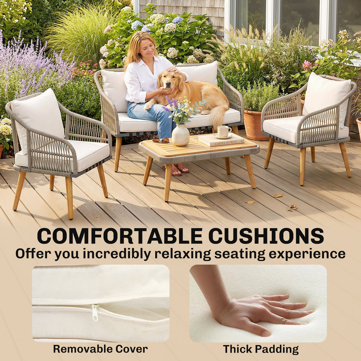 Poly Rattan Wicker 4 Pieces Garden Sofa Set With Loveseat And Armchairs - Velmora