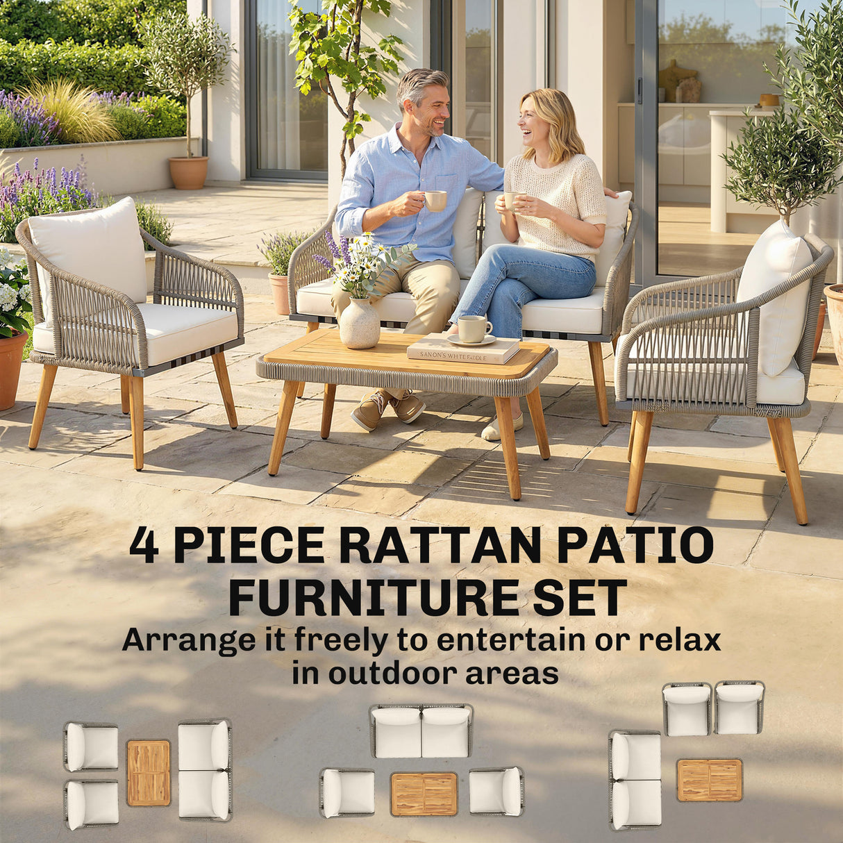 Poly Rattan Wicker 4 Pieces Garden Sofa Set With Loveseat And Armchairs - Velmora