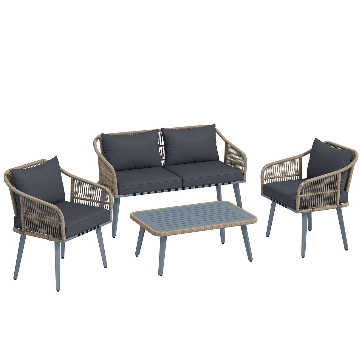 Poly Rattan Wicker 4 Pieces Garden Sofa Set With Loveseat And Armchairs - Velmora