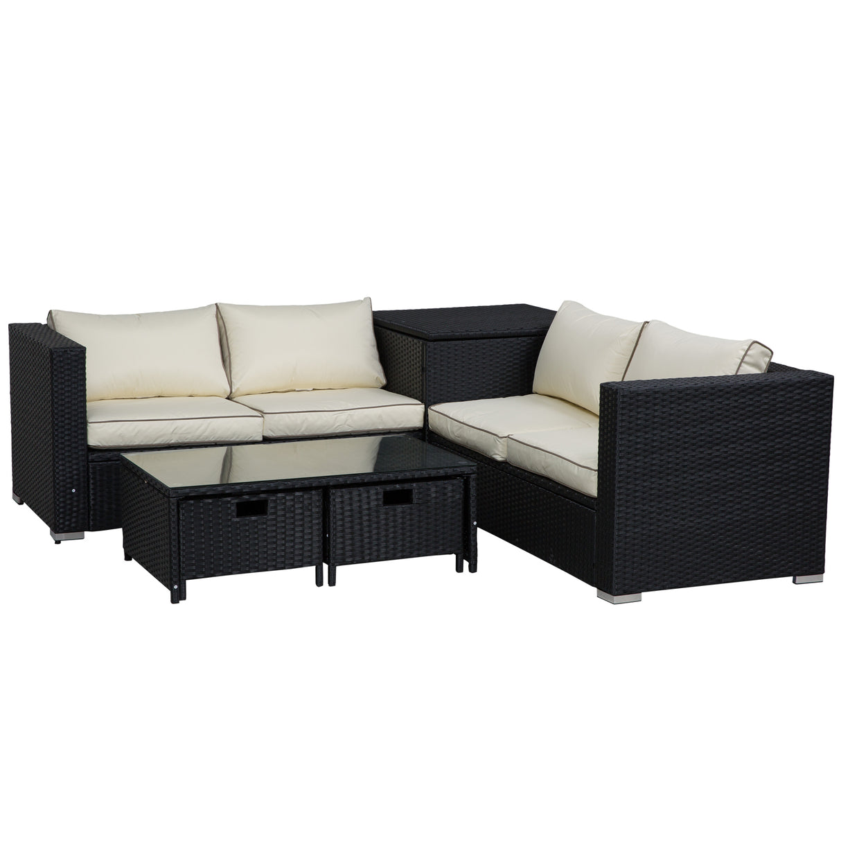 Poly Rattan Wicker 4 Pieces Garden Sofa Set With Storage Box and Glass Top Table - Velmora