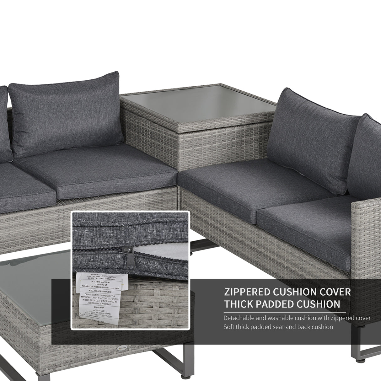 Poly Rattan Wicker 4 Pieces Garden Sofa Set With Storage Box and Glass Top Table - Velmora