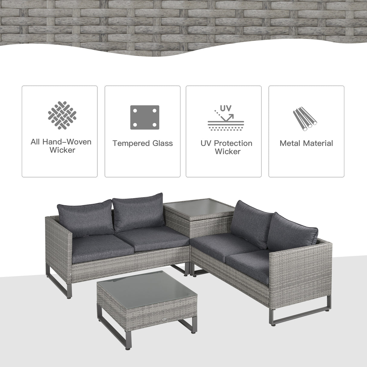 Poly Rattan Wicker 4 Pieces Garden Sofa Set With Storage Box and Glass Top Table - Velmora