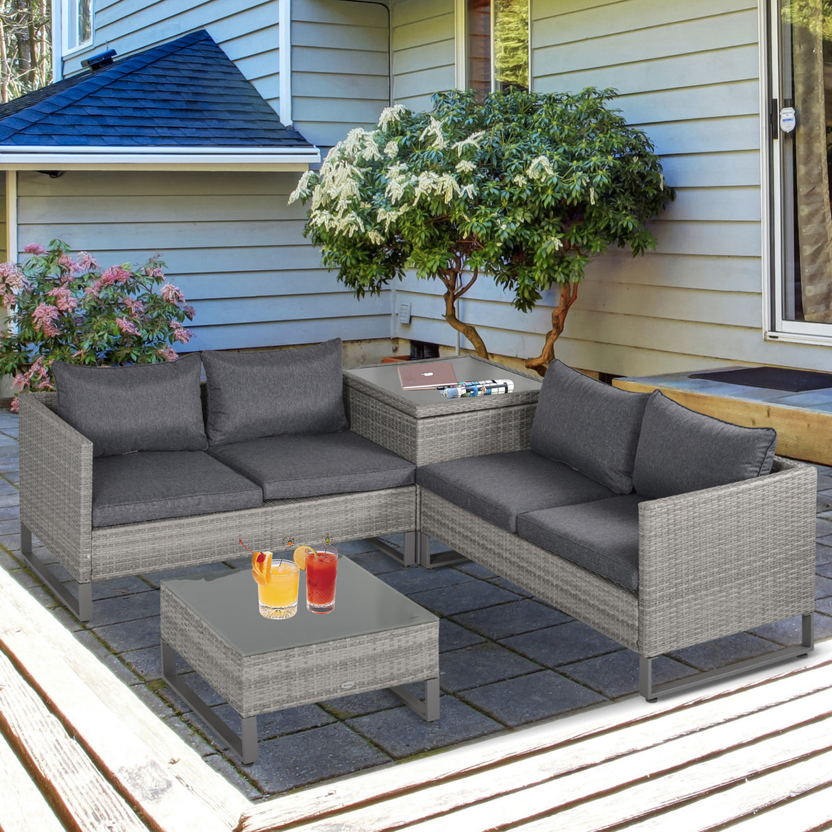 Poly Rattan Wicker 4 Pieces Garden Sofa Set With Storage Box and Glass Top Table - Velmora
