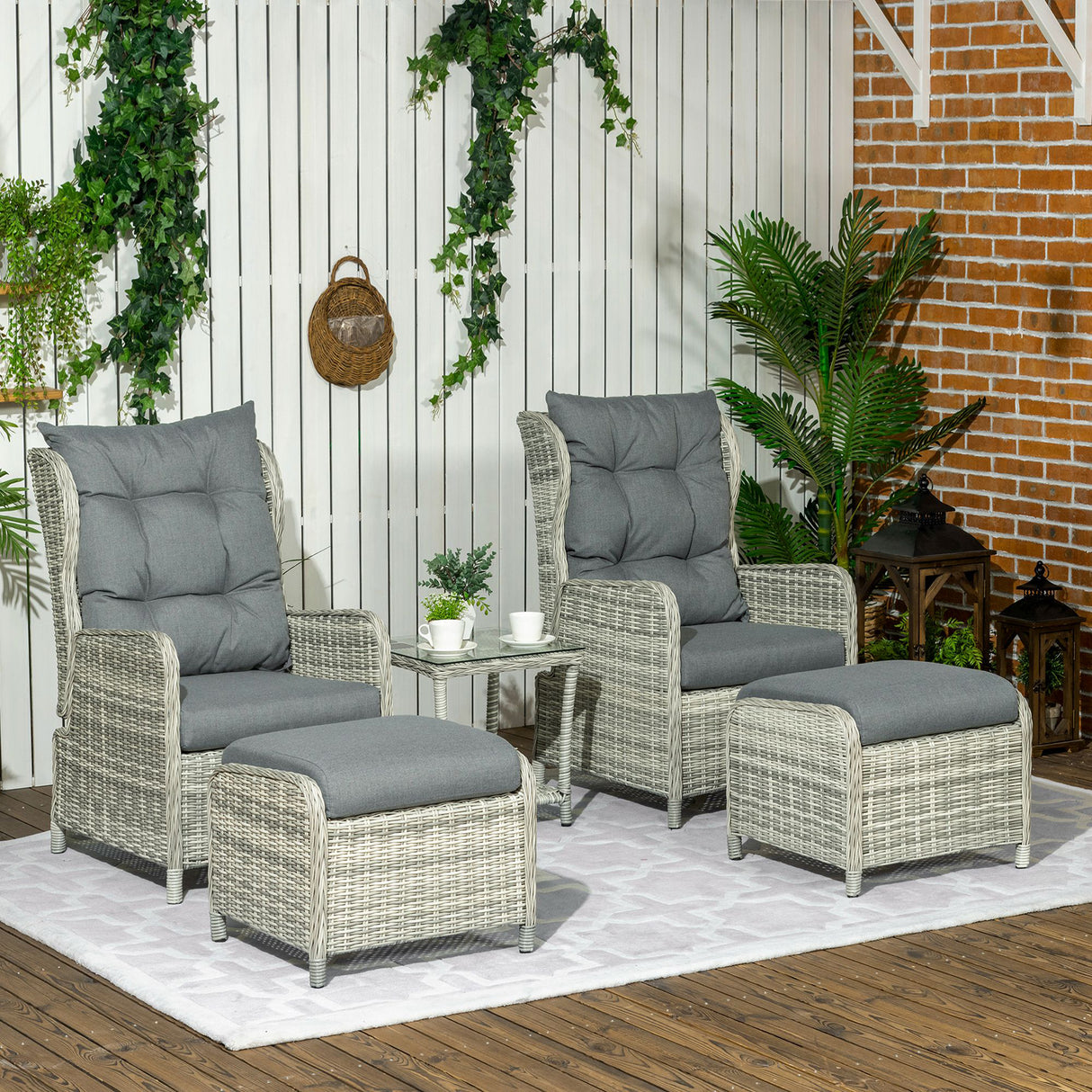 Poly Rattan Wicker 5 Pieces Garden Bistro Set With Reclining Armchairs - Velmora