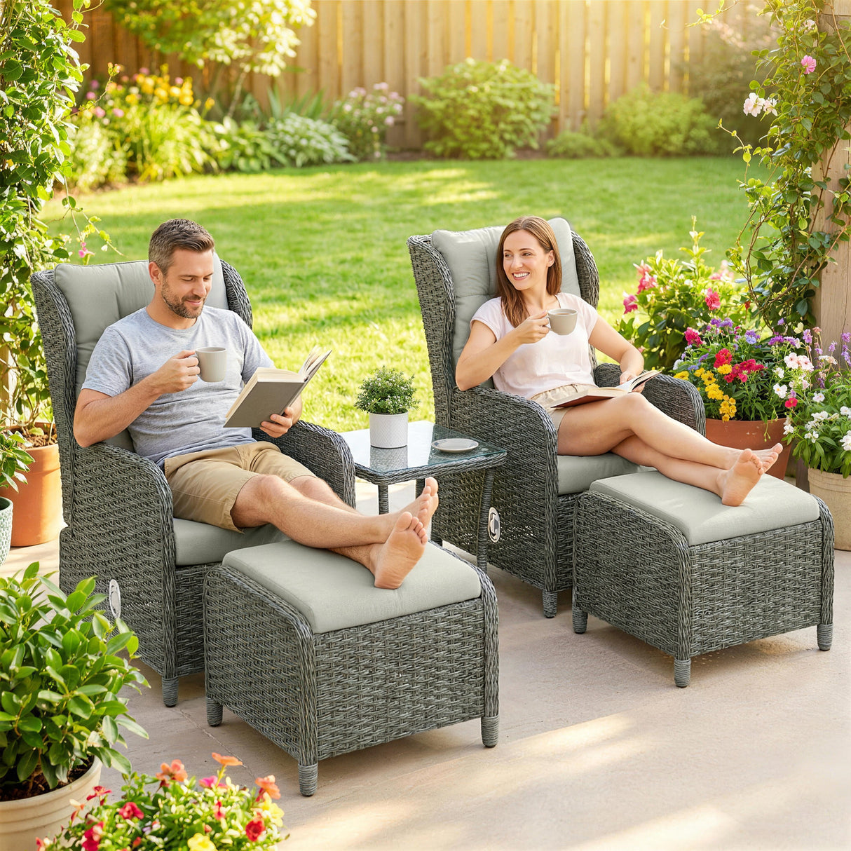 Poly Rattan Wicker 5 Pieces Garden Bistro Set With Reclining Armchairs - Velmora