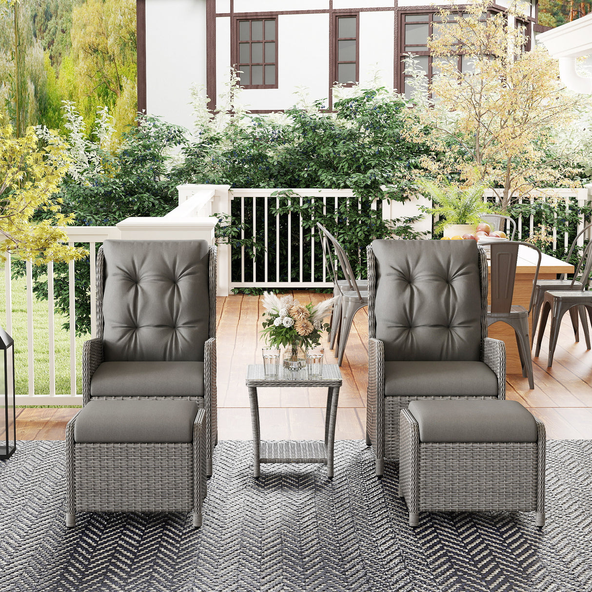 Poly Rattan Wicker 5 Pieces Garden Bistro Set With Reclining Armchairs - Velmora