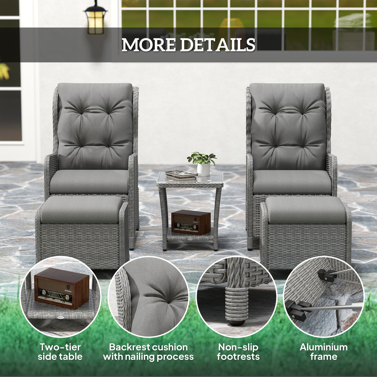 Poly Rattan Wicker 5 Pieces Garden Bistro Set With Reclining Armchairs - Velmora