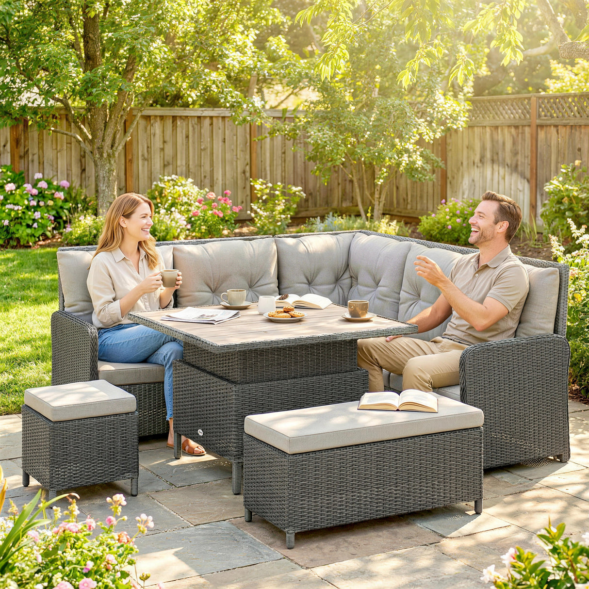 Poly Rattan Wicker 6 Pieces Garden Sofa Set and Liftable Coffee Table - Velmora