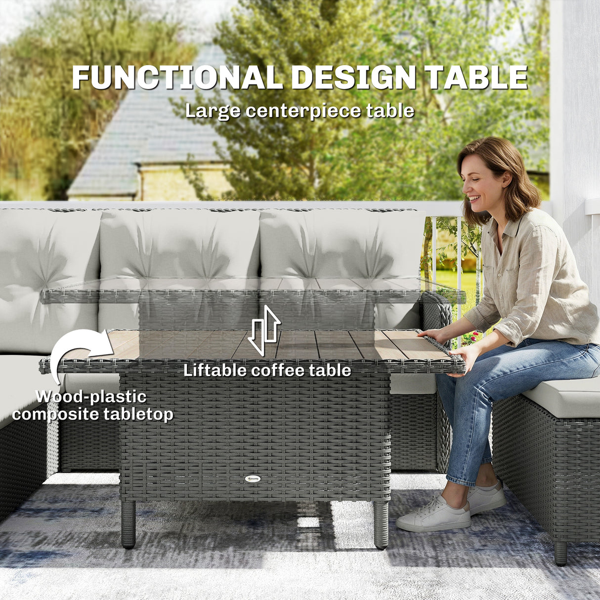 Poly Rattan Wicker 6 Pieces Garden Sofa Set and Liftable Coffee Table - Velmora