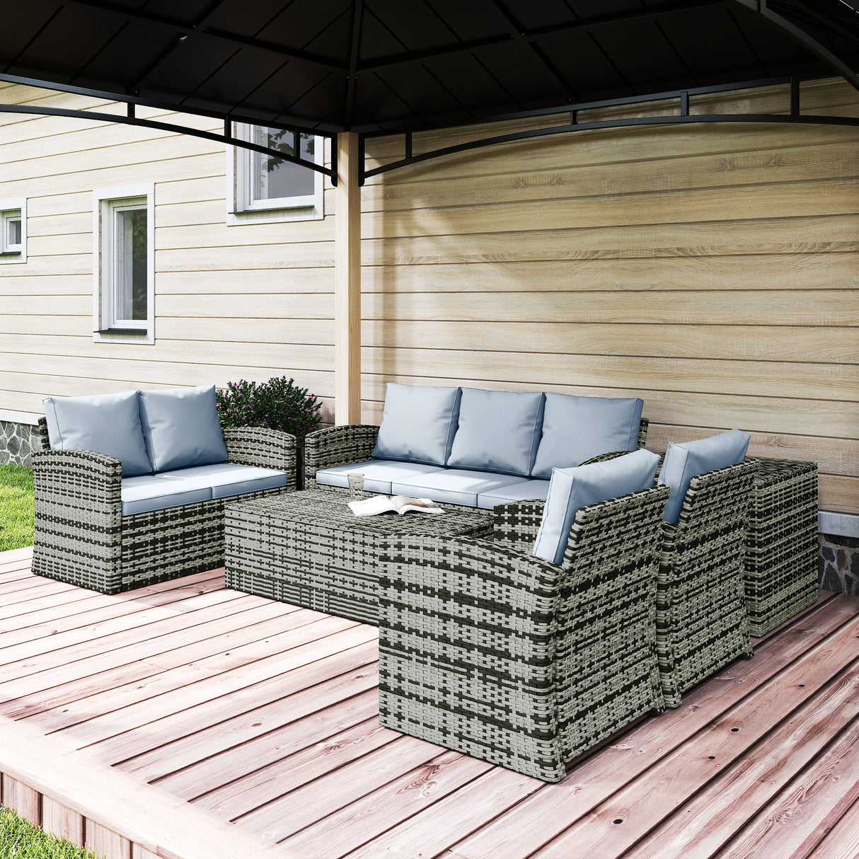 Poly Rattan Wicker 7 Seater Garden Sofa Set With Storage Coffee Table - Velmora