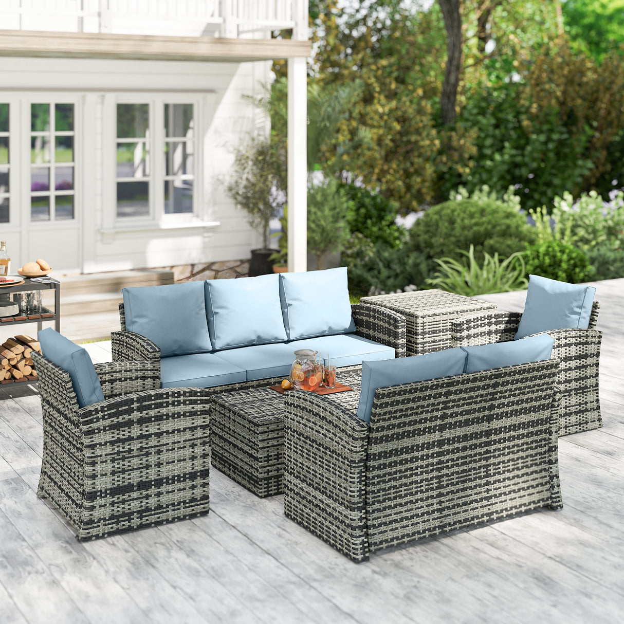 Poly Rattan Wicker 7 Seater Garden Sofa Set With Storage Coffee Table - Velmora