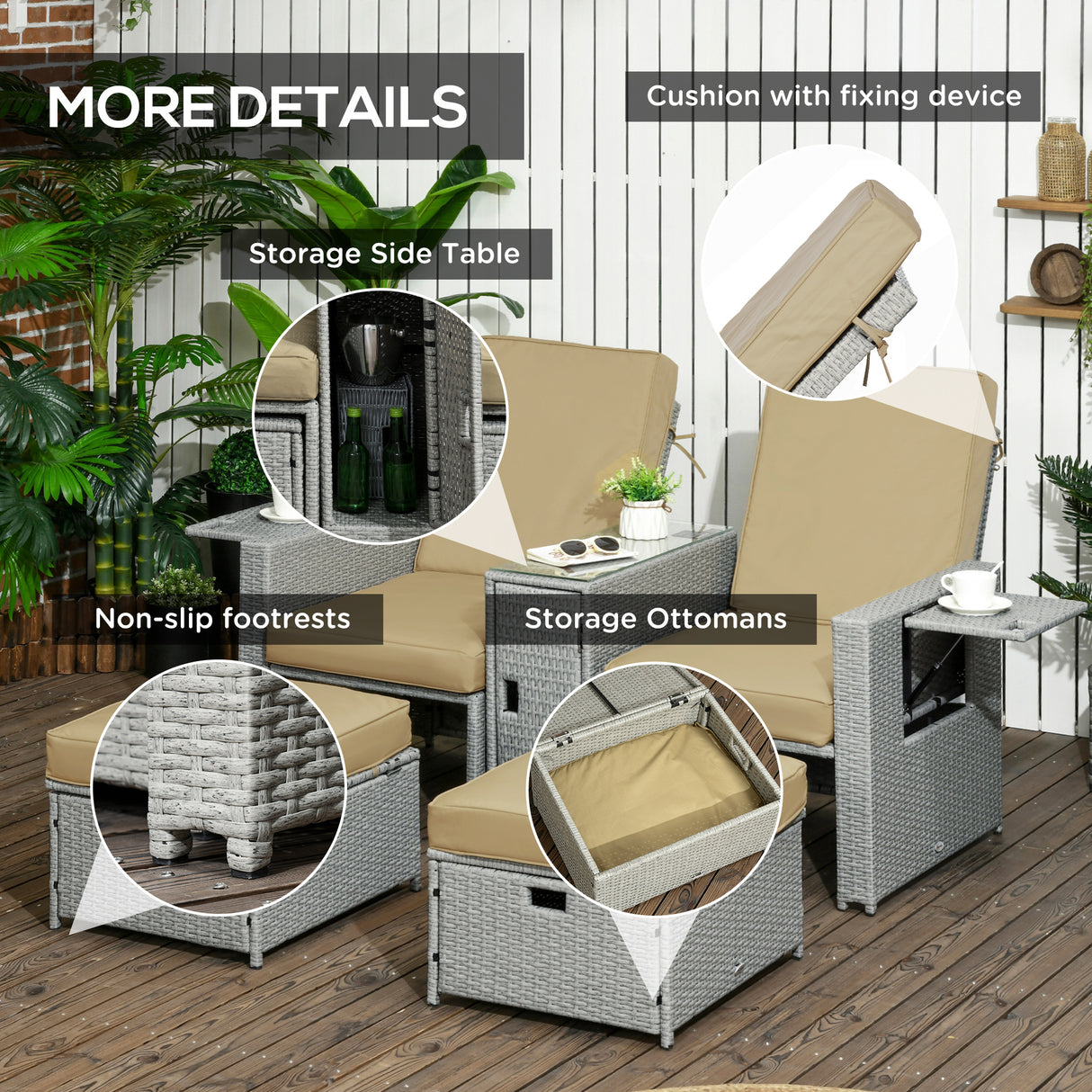 Poly Rattan Wicker Adjustable Recliner Sun Lounger Set of 2 With Storage Side Table - Velmora
