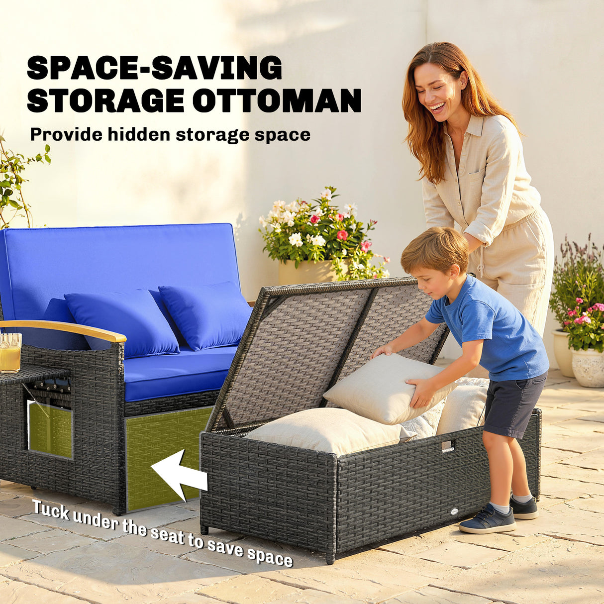 Poly Rattan Wicker Double Garden Sun Daybed With Storage Ottoman - Velmora