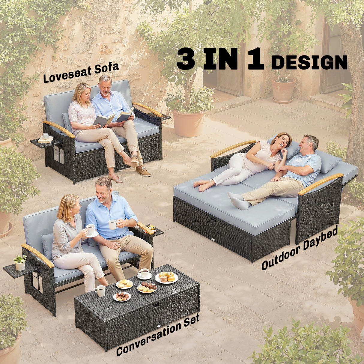 Poly Rattan Wicker Double Garden Sun Daybed With Storage Ottoman - Velmora