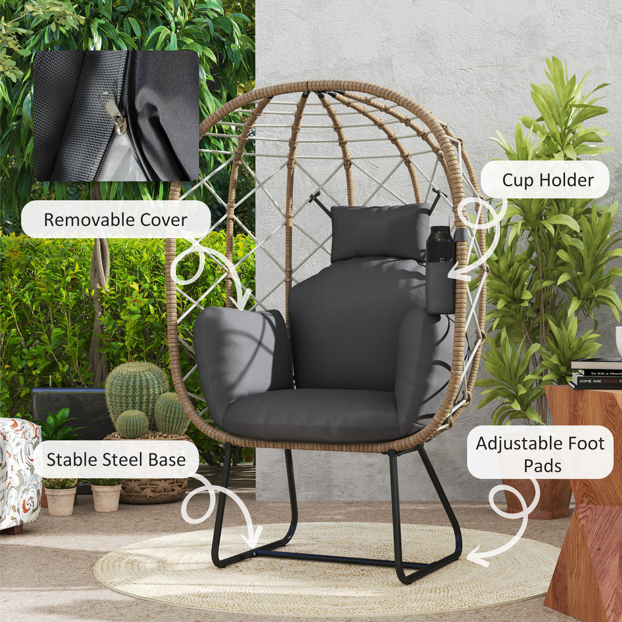 Poly Rattan Wicker Egg Chair With Thickened Cushion and Headrest - Velmora