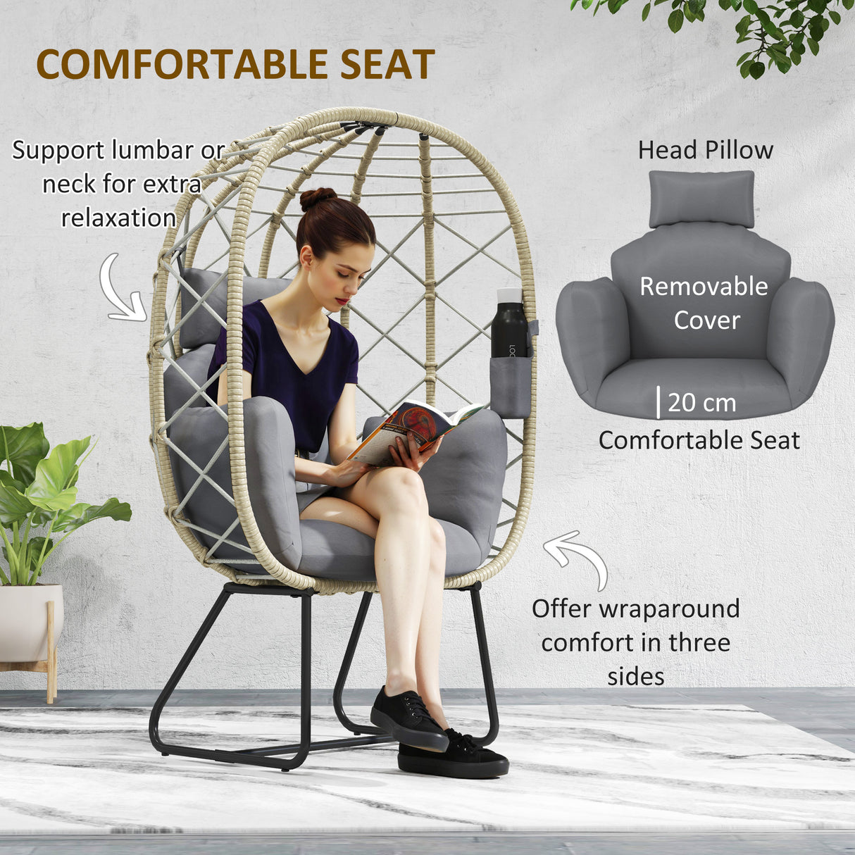 Poly Rattan Wicker Egg Chair With Thickened Cushion and Headrest - Velmora