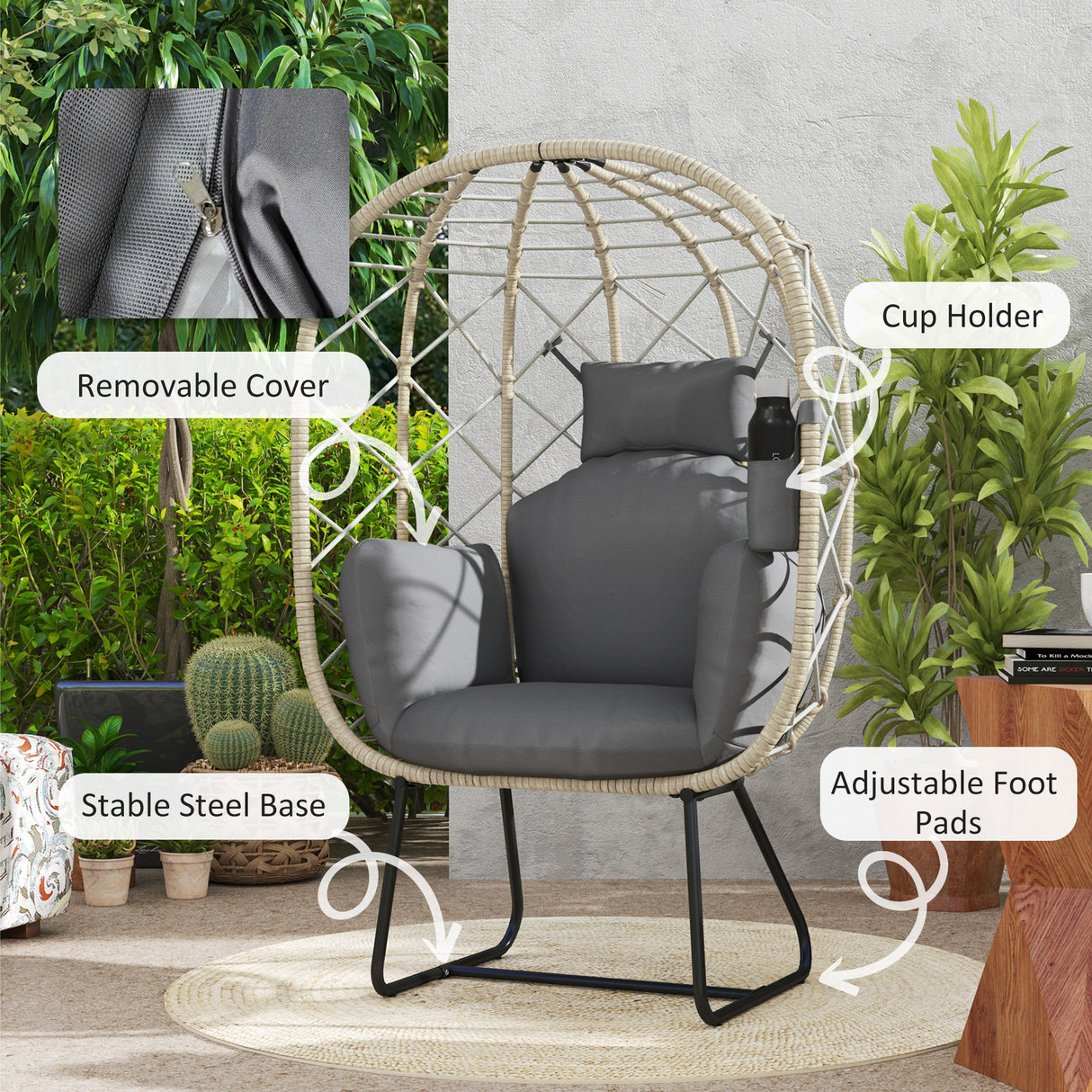 Poly Rattan Wicker Egg Chair With Thickened Cushion and Headrest - Velmora