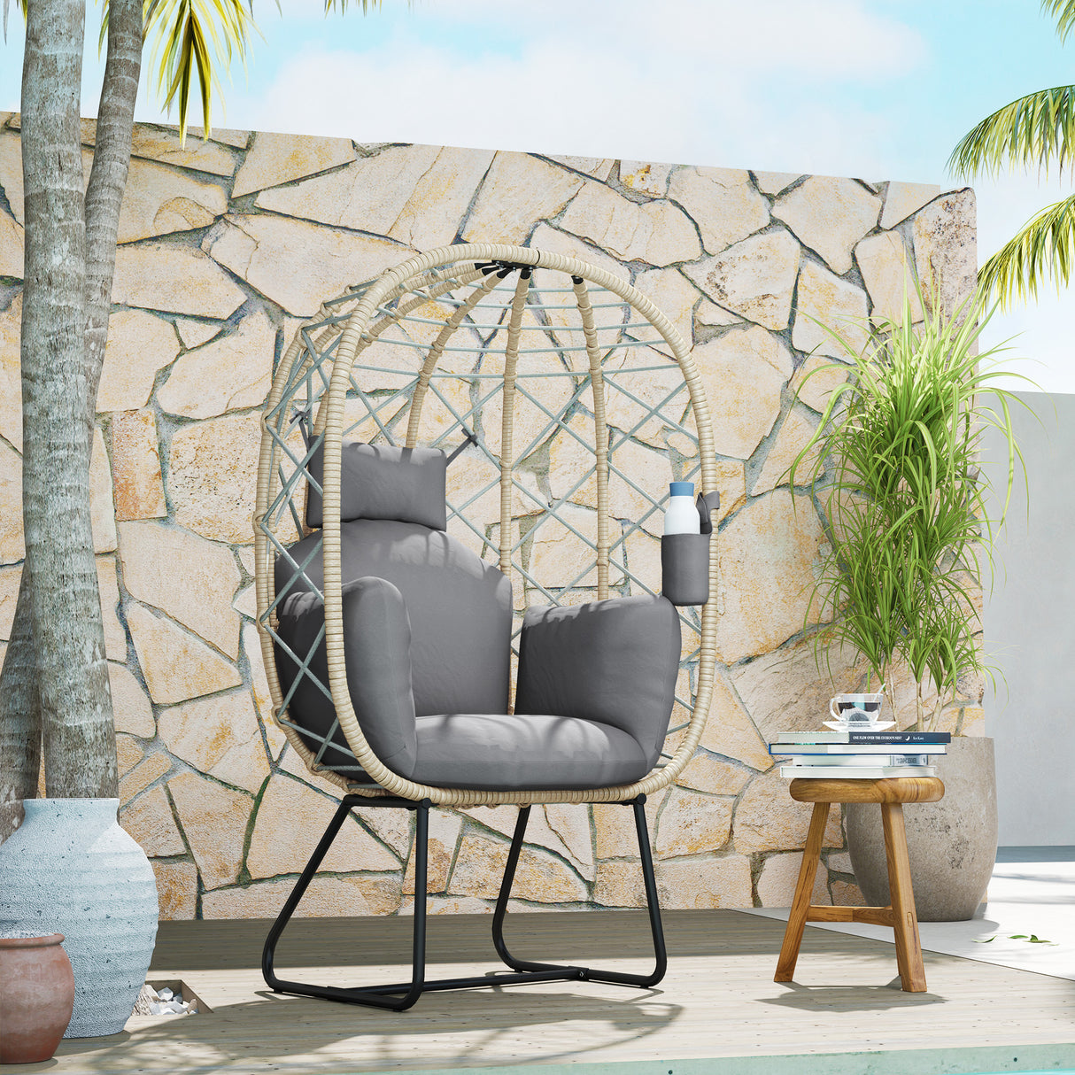 Poly Rattan Wicker Egg Chair With Thickened Cushion and Headrest - Velmora