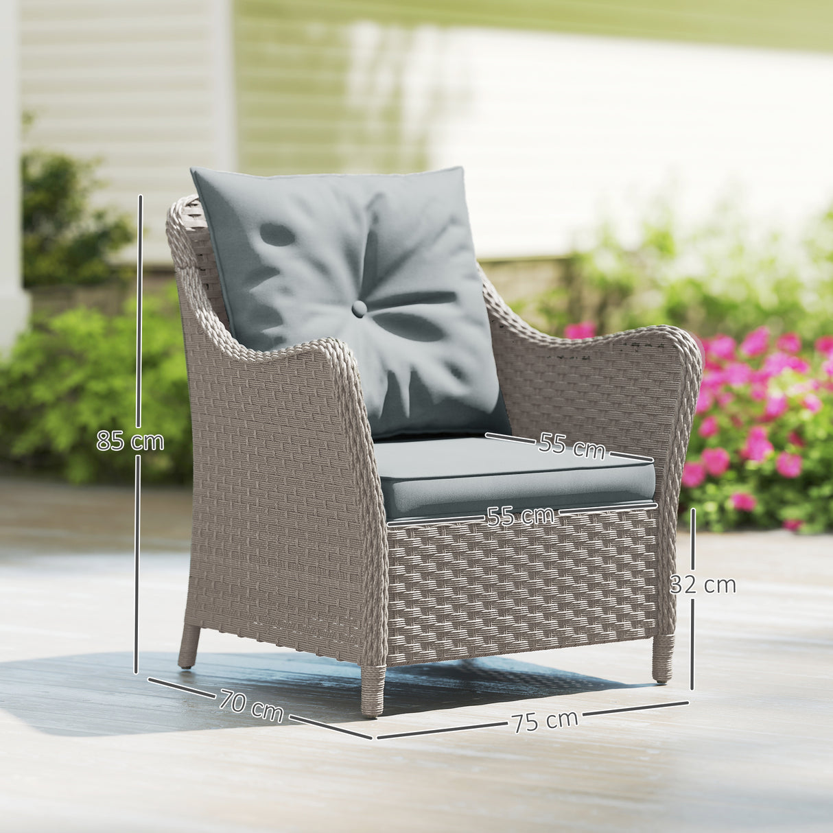 Poly Rattan Wicker Garden Armchairs in Set of 2 With Cushions - Velmora