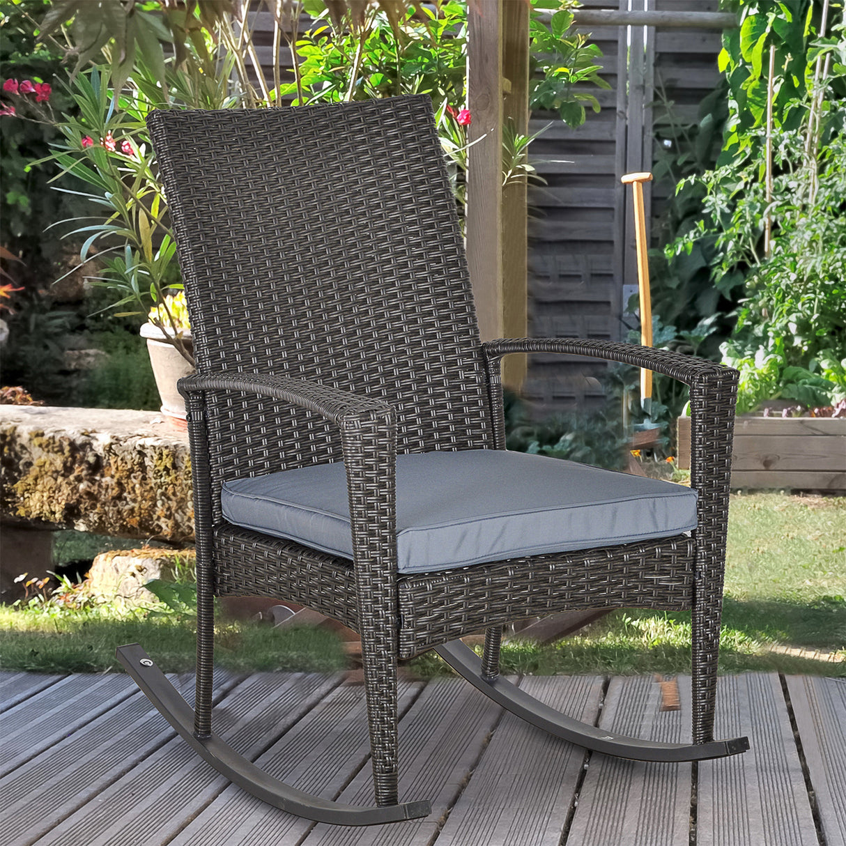Poly Rattan Wicker Garden Rocking Armchair With Cushion - Velmora