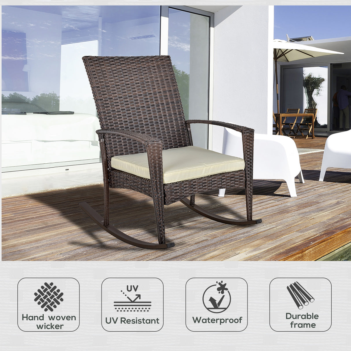 Poly Rattan Wicker Garden Rocking Armchair With Cushion - Velmora
