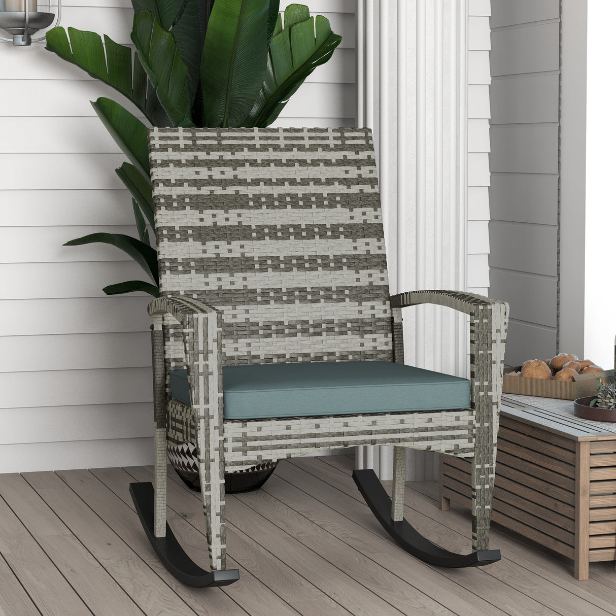 Poly Rattan Wicker Garden Rocking Armchair With Cushion - Velmora