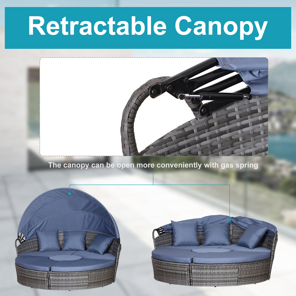 Poly Rattan Wicker Garden Sofa Set Round Daybed With Retractable Canopy - Velmora