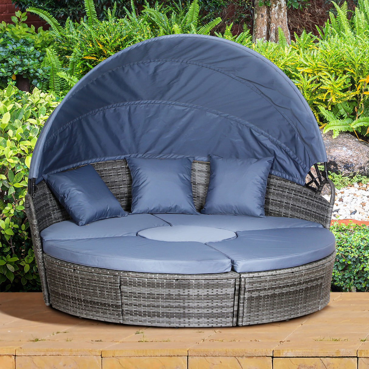 Poly Rattan Wicker Garden Sofa Set Round Daybed With Retractable Canopy - Velmora
