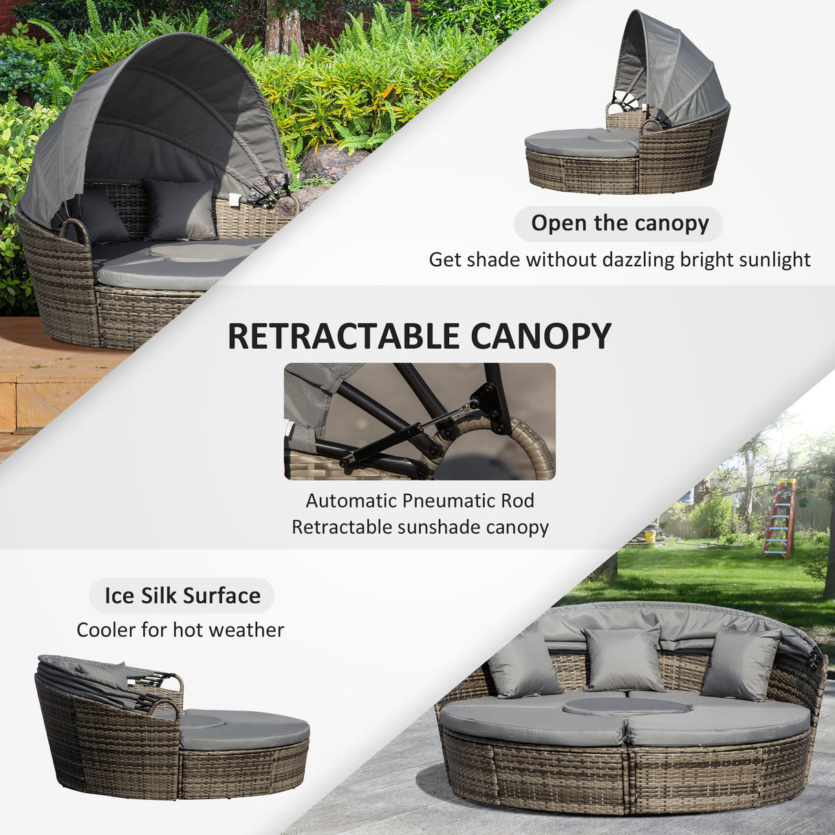 Poly Rattan Wicker Garden Sofa Set Round Daybed With Retractable Canopy - Velmora