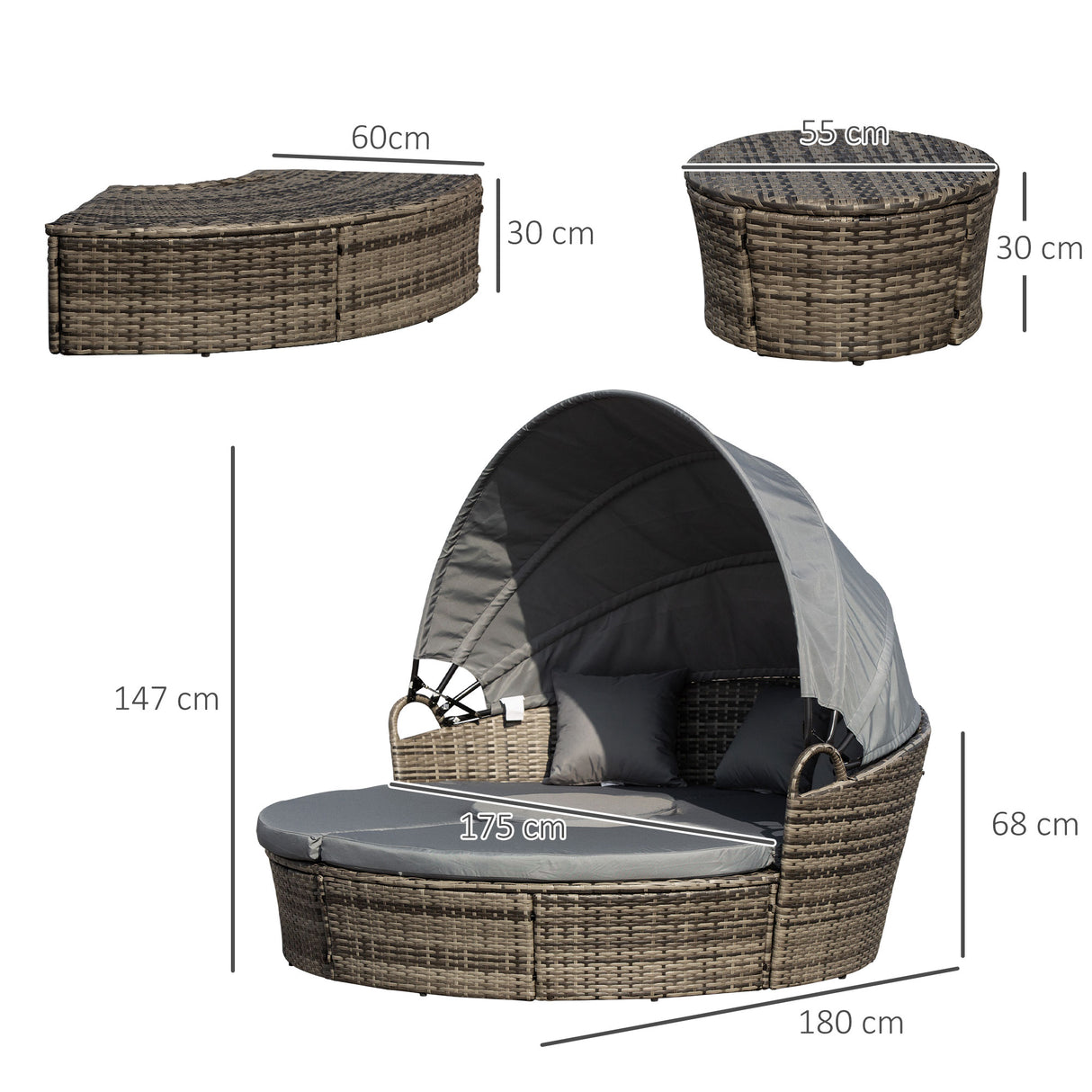 Poly Rattan Wicker Garden Sofa Set Round Daybed With Retractable Canopy - Velmora