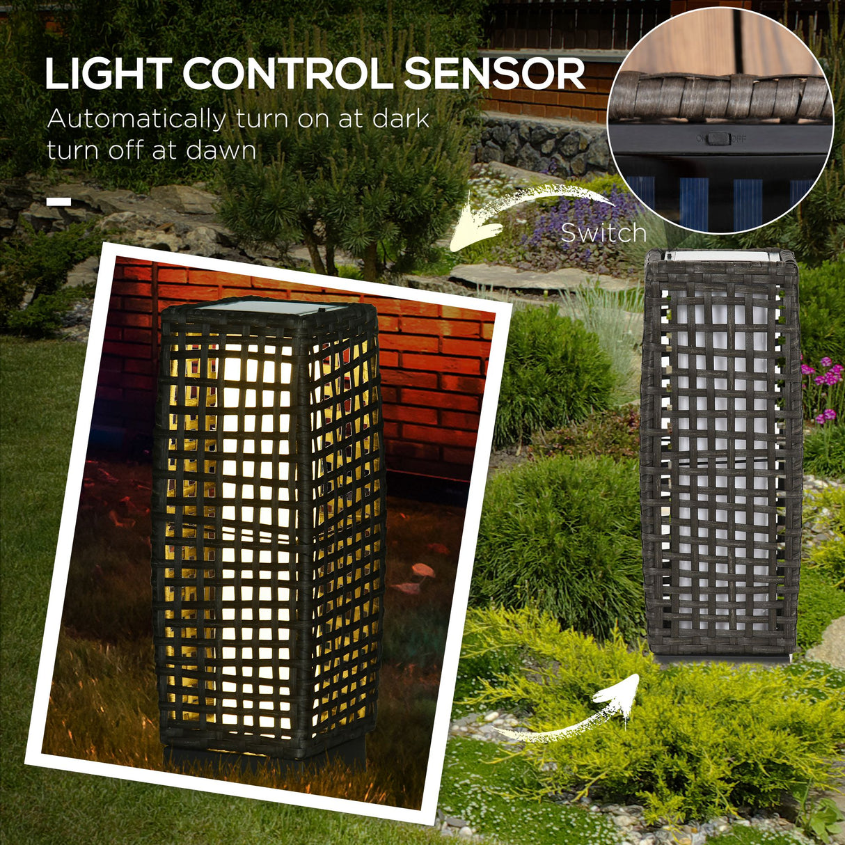 Poly Rattan Wicker Solar Powered LED Garden Lantern With Auto On-Off Lights - Velmora