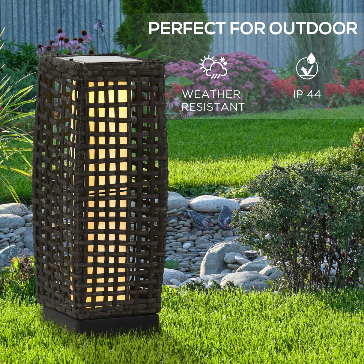 Poly Rattan Wicker Solar Powered LED Garden Lantern With Auto On-Off Lights - Velmora