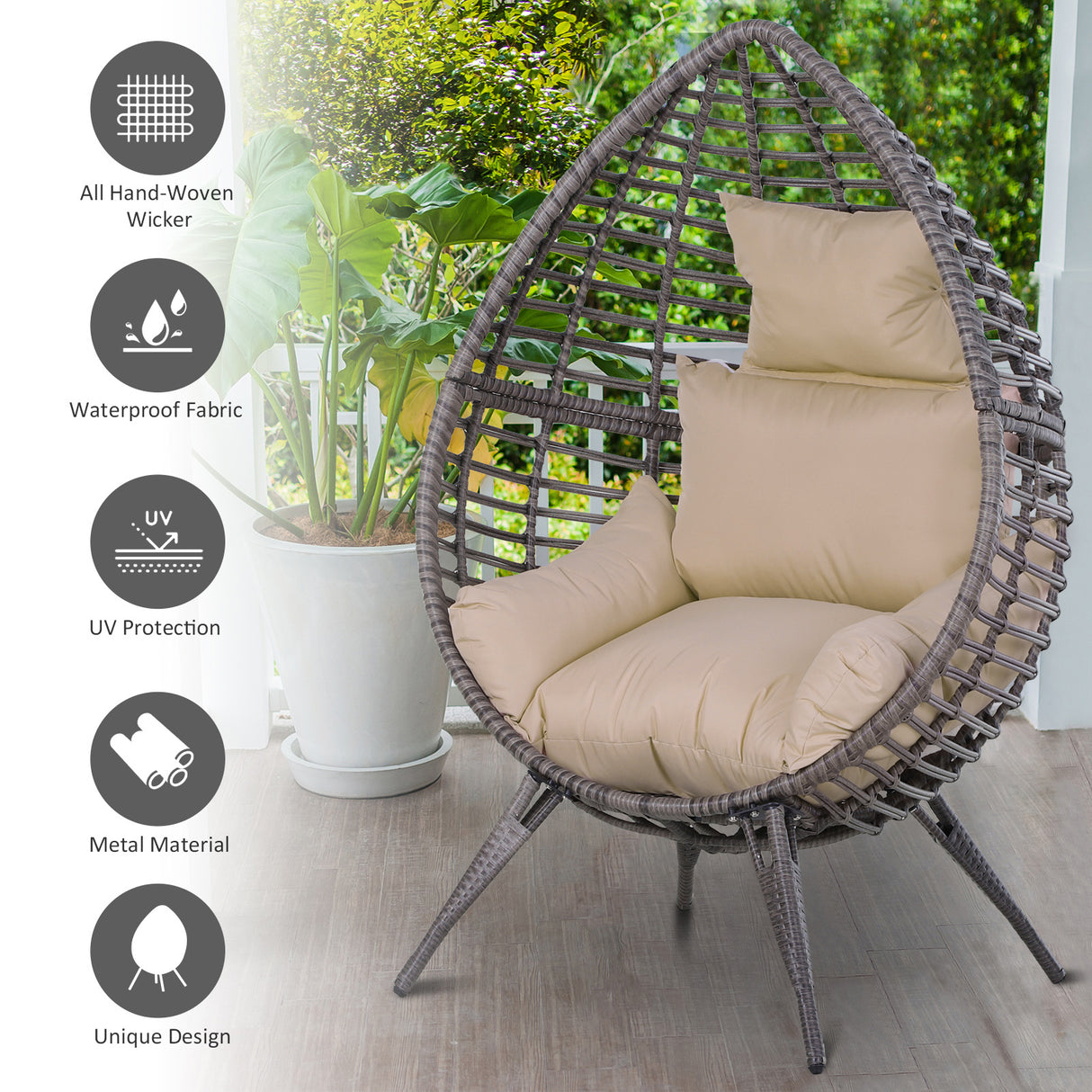 Poly Rattan Wicker Teardop Garden Egg Chair With Thick Cushions And 4 Legs - Velmora