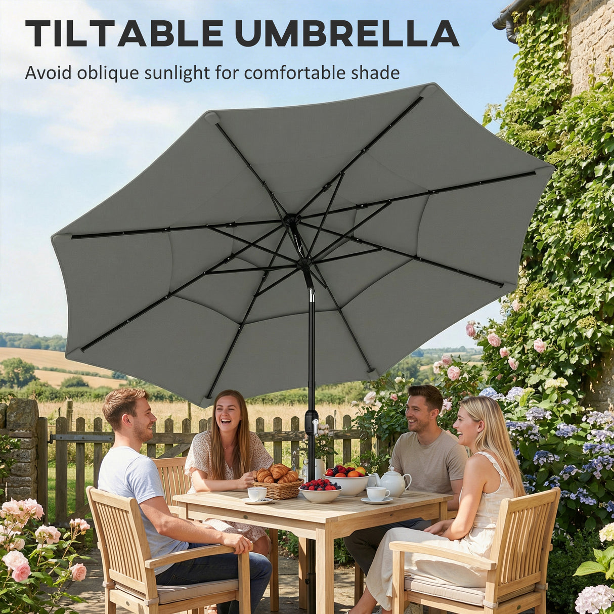 Polyester 3 Tier Tilting Parasol Umbrella 300cm Diameter - Velmora