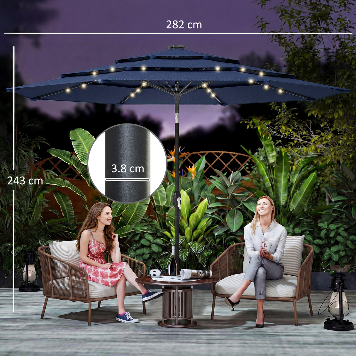 Polyester 3 Tier Tilting Parasol Umbrella With LED Solar Light 282cm Diameter - Velmora