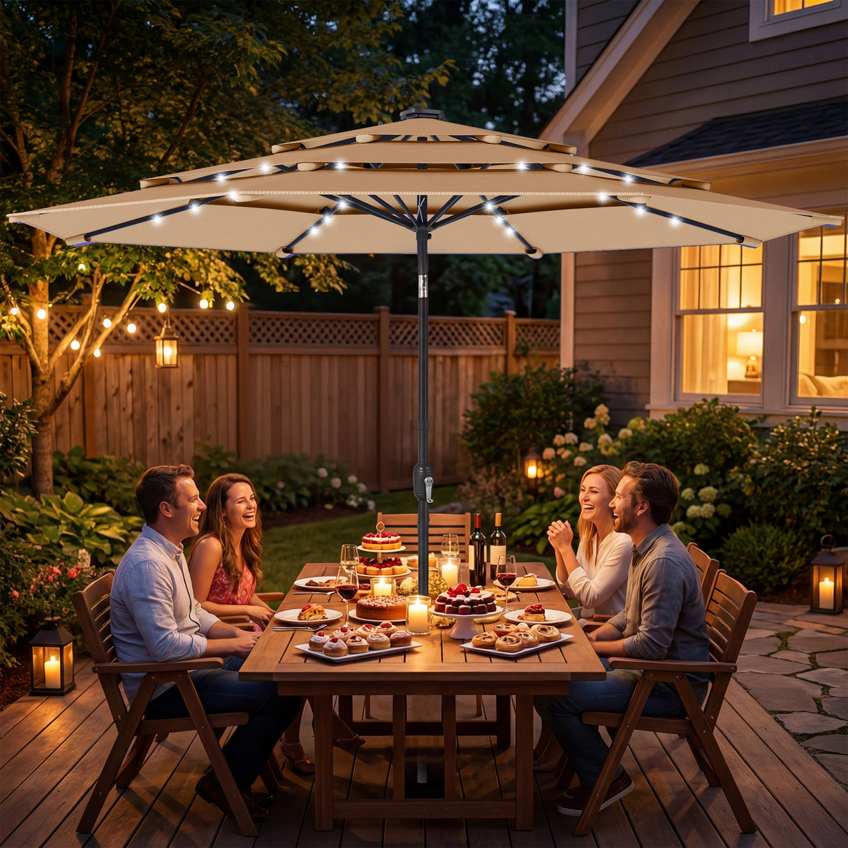 Polyester 3 Tier Tilting Parasol Umbrella With LED Solar Light 282cm Diameter - Velmora
