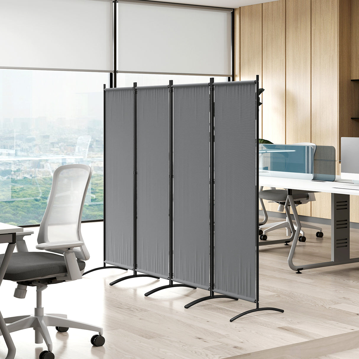 Polyester 4 Panel Folding Room Divider With Metal Frame 221cm Wide - Velmora