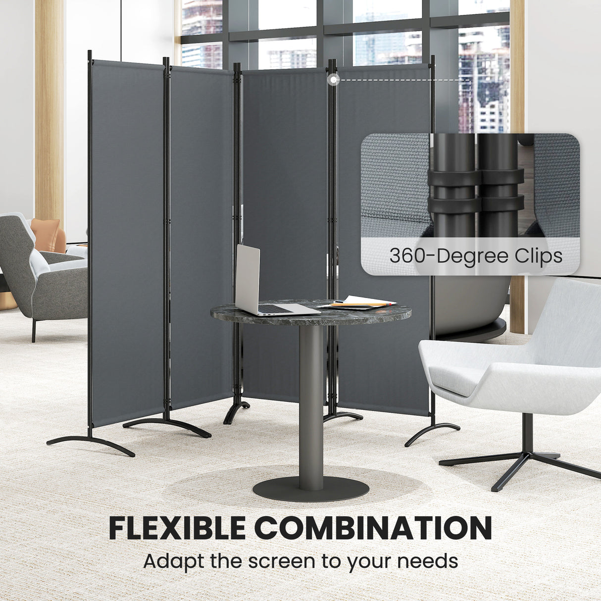 Polyester 4 Panel Folding Room Divider With Metal Frame 221cm Wide - Velmora