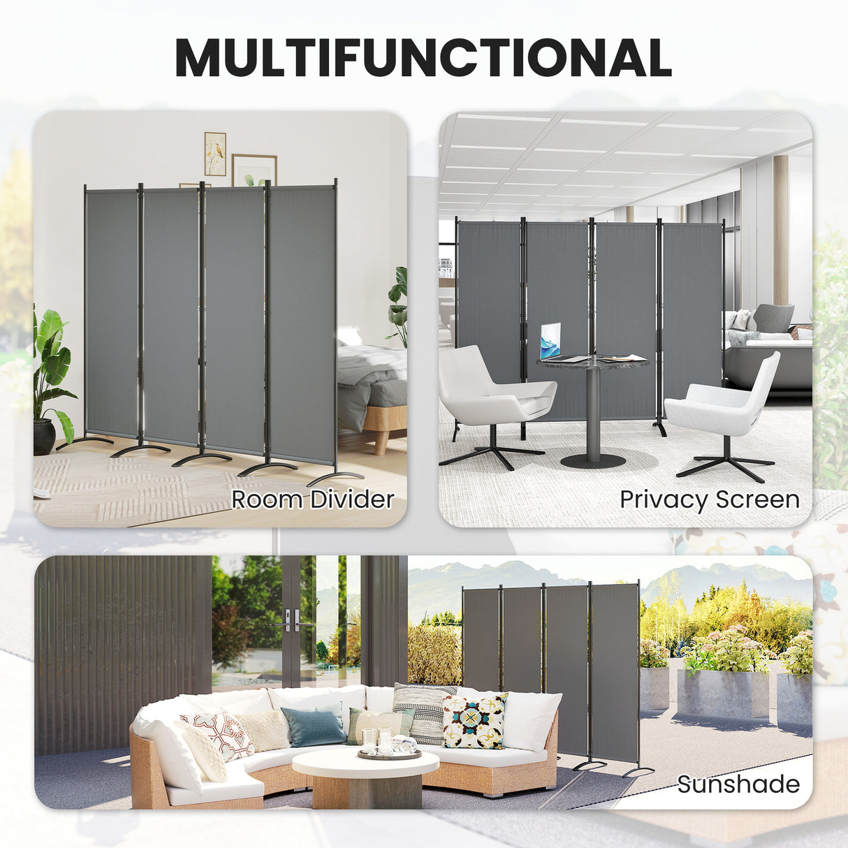 Polyester 4 Panel Folding Room Divider With Metal Frame 221cm Wide - Velmora