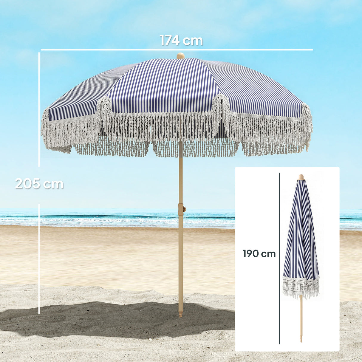 Polyester Beach Parasol Umbrella With Sand Anchor 174cm Diameter - Velmora