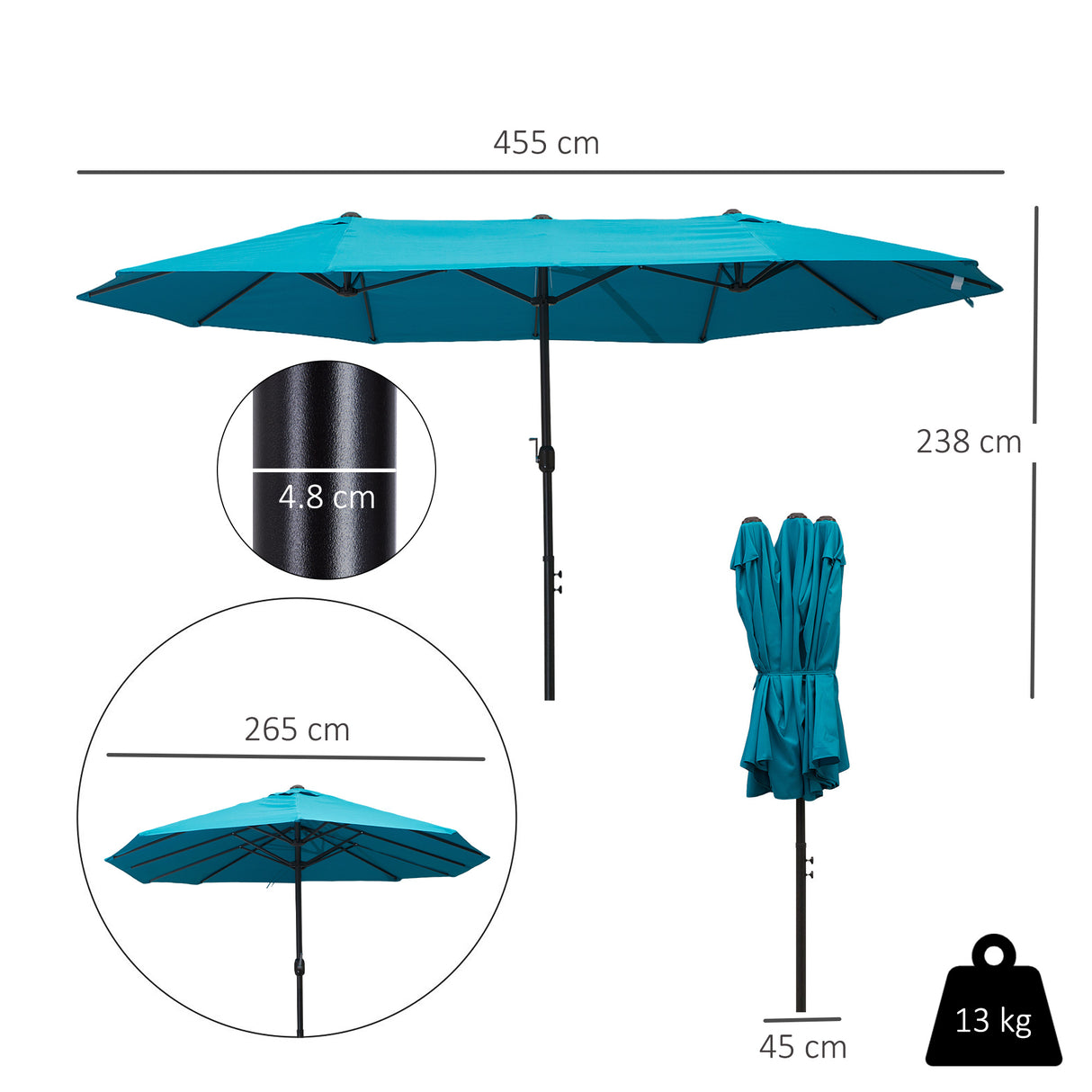 Polyester Double Sided Parasol Umbrella 460cm Width x 270cm Depth - Velmora