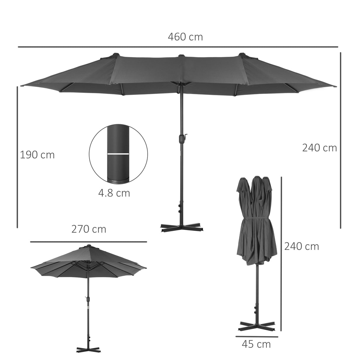 Polyester Double Sided Parasol Umbrella With Cross Base 460cm Width x 270cm Depth - Velmora