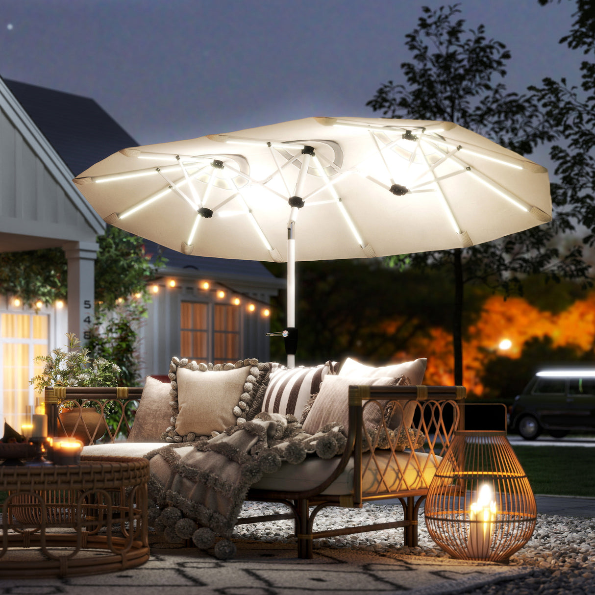 Polyester Double Sided Parasol Umbrella With LED Solar Light 295cm Width x 150cm Depth - Velmora