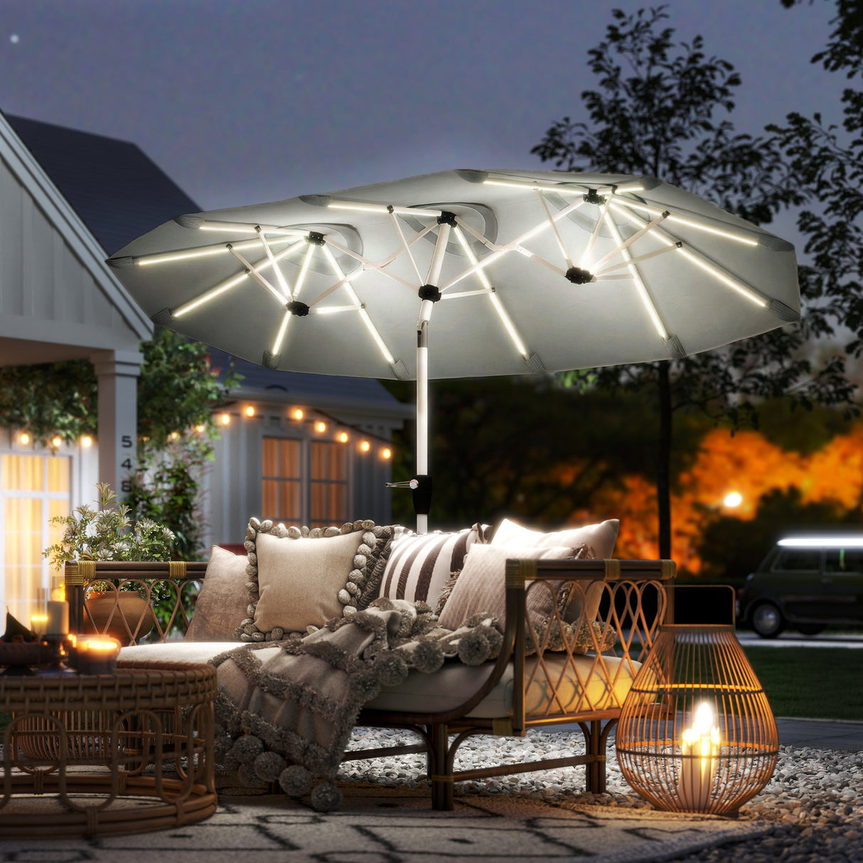 Polyester Double Sided Parasol Umbrella With LED Solar Light 295cm Width x 150cm Depth - Velmora