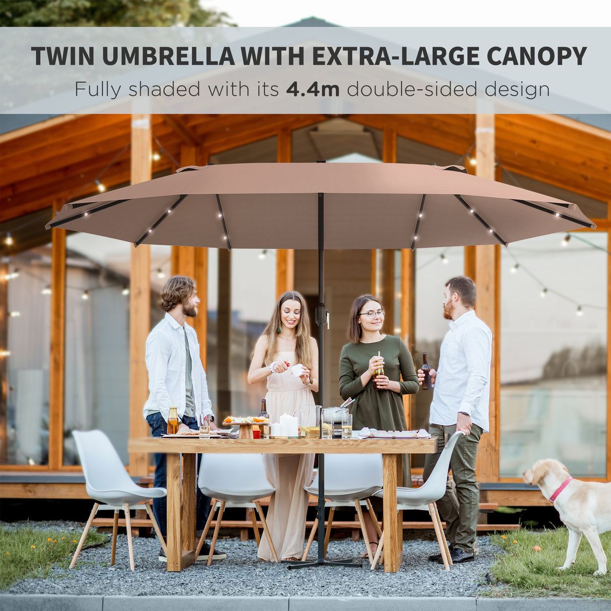 Polyester Double Sided Parasol Umbrella With LED Solar Light 440cm Width x 256cm Depth - Velmora