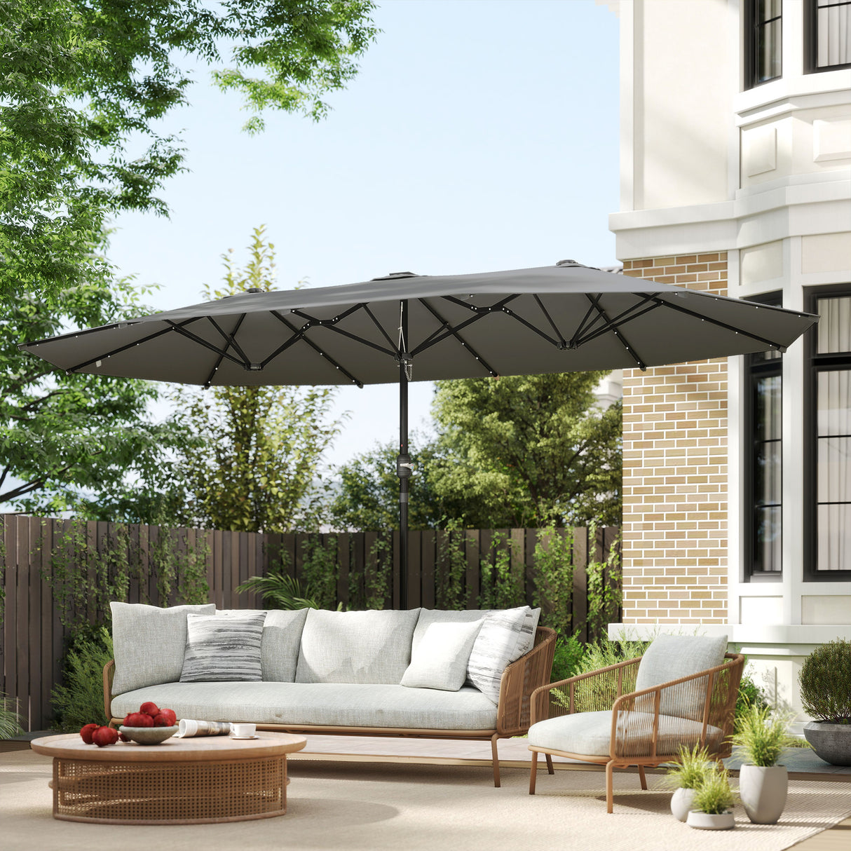 Polyester Double Sided Parasol Umbrella With LED Solar Light 440cm Width x 256cm Depth - Velmora