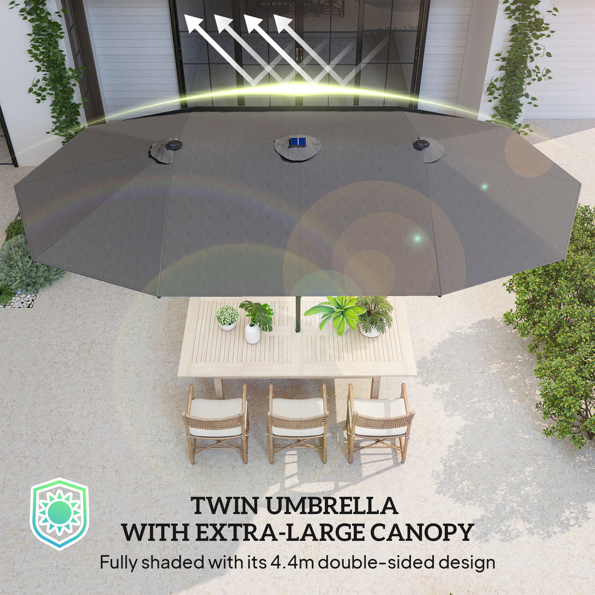Polyester Double Sided Parasol Umbrella With LED Solar Light 440cm Width x 256cm Depth - Velmora